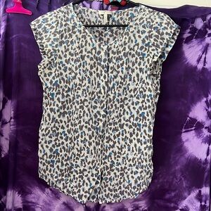 Joie IVA Leopard Print Marine Multi Silk Button Down Cap Sleeves Blouse  XS